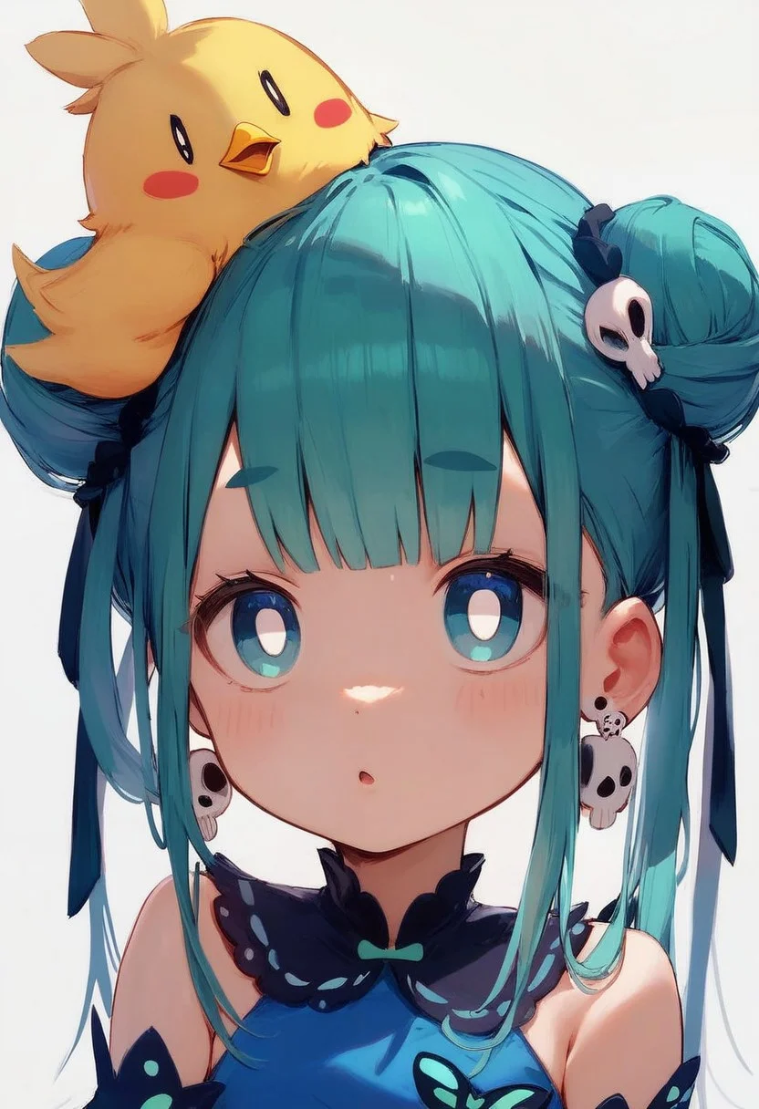 score_9, score_8_up, score_7_up, score_6_up, , 1girl, virtual youtuber, uruha rushia, hair bun, jewelry, double bun, skull earrings, skull hair ornament, white background, blue dress, upper body, animal on head, animal print, looking at viewer, simple background, butterfly print, parted lips, bangs, cropped torso, bird on head, chick, detached sleeves, bright pupils, white pupils