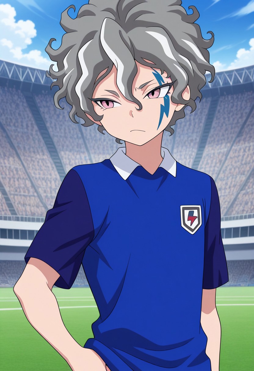 masterpiece,best quality,amazing quality, source_anime,
KiraHiroto, 1boy, male focus, solo, pink eyes, grey hair, facial tattoo, orion soccer uniform, shirt, blue shirt, raglan sleeves, short sleeves,
outdoor,