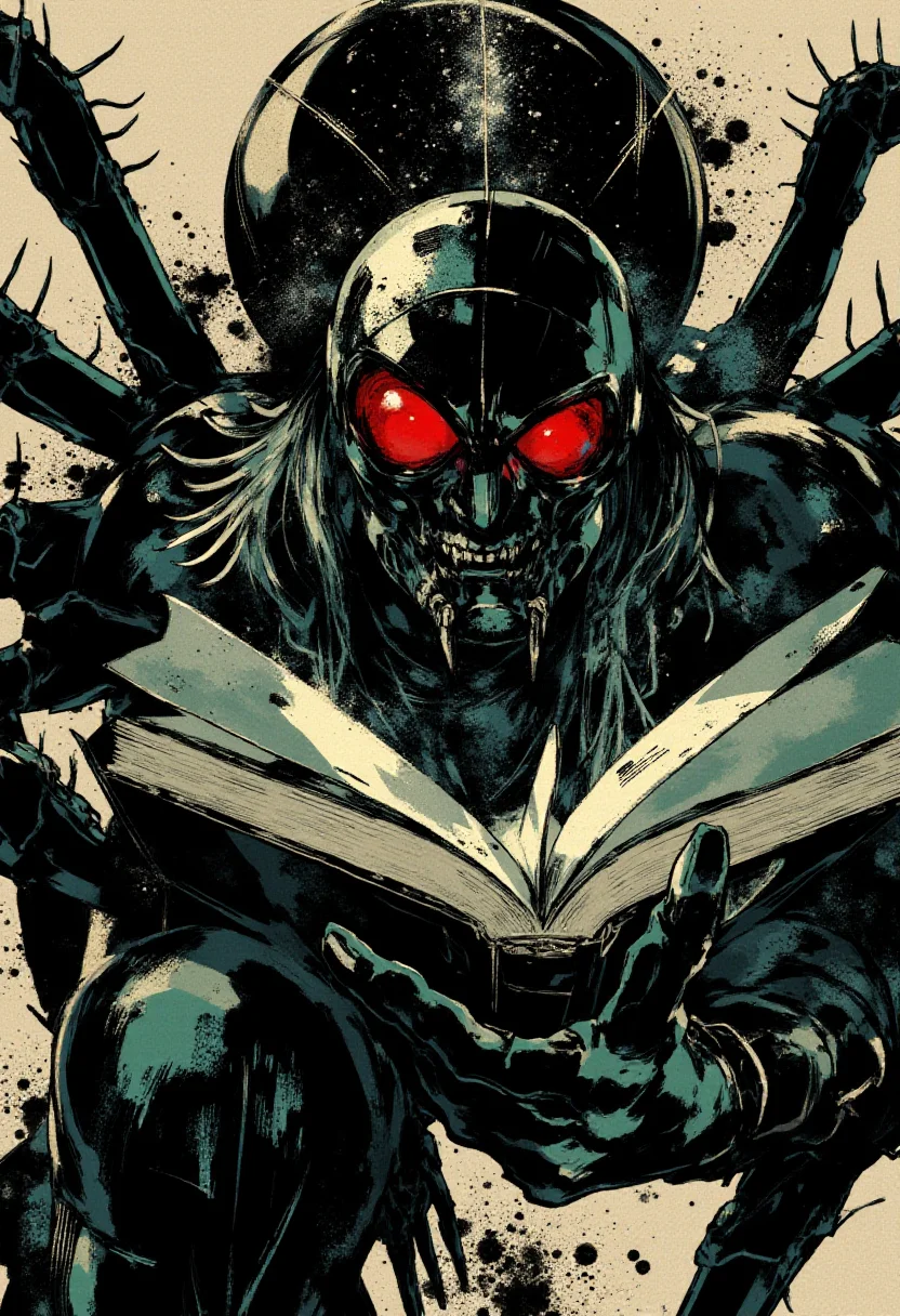 <lora:Yoji_Shinkawa_Style_FLUX-000012:0.8>
This image is a stylized digital illustration with a gritty yshinkawa cyberpunk anime aesthetic, showcasing a spider reading a book