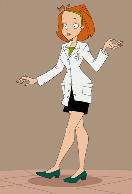 1 girl, solo, orange hair, short hair, orange freckles, green hairband, white lab coat, closed lab coat, green undershirt, black short skirt, green shoes,