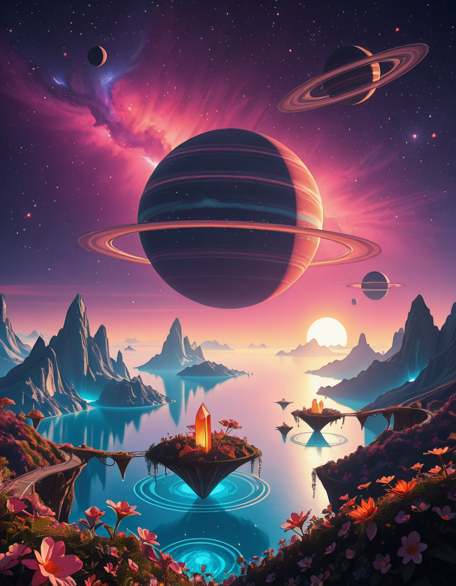 A breathtaking, high-resolution photograph of a celestial paradiseâa stunning, habitable planet floating in the vastness of space. The sky is a mesmerizing blend of deep purples, blues, and pinks, illuminated by twin suns casting golden light over the landscape. Towering crystal mountains shimmer in the distance, reflecting the vibrant hues of the nebula-filled sky. A vast, glowing ocean stretches across the horizon, its surface gently rippling with bioluminescent waves. Floating islands covered in lush, alien vegetation hover above the water, connected by natural bridges of luminescent vines. Exotic, radiant flowers bloom in every color imaginable, while gentle, ethereal creatures with translucent wings glide through the air. In the sky, a massive ringed gas giant looms majestically, its swirling clouds casting soft shadows over the dreamlike terrain. The air shimmers with floating particles of light, creating a surreal, otherworldly ambiance. The entire scene feels like a cosmic utopiaâtranquil, awe-inspiring, and untouched by time.
<lora:SDXLFaeTastic2400:0.4> <lora:extremely_detailed:0.4> extremely detailed,Celestial p4r4d1s3, <lora:Celestial_p4r4d1s3-i:1>, Masterpiece,best quality,hi res,8k,hi res,8k,award winning,(sharp focus, intricate, highly detailed),