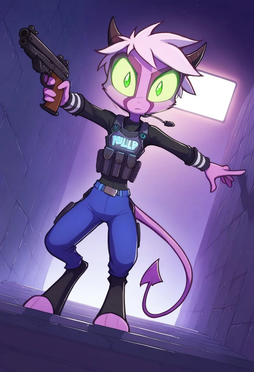 score_9, score_8_up, score_7_up, Dreamkeepers,namah_calah, solo,horns,looking at viewer,tail,green eyes,pink fur, demon tail,<lora:dreamkeepers_multipleCharacters:0.8>,
dutch angle, dramatic lighting, dark, corridor, metal walls, wires, tubes, dust, smoke, night, neon lighting
duisburg, (aiming:1.2), fully clothed, [plugsuit|bodysuit], bulletproof vest, holographic visor, police badge, blue clothing, black clothing, holding gun, assault rifle, headset