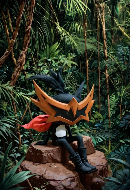 score_9,score_8,score_7, taterazay, mask, red cape, arms, sitting, relaxed, high quality, jungle background, rocks, hands, legs, boots, full body, background, highres, high resolution, looking away, epic, good angle,