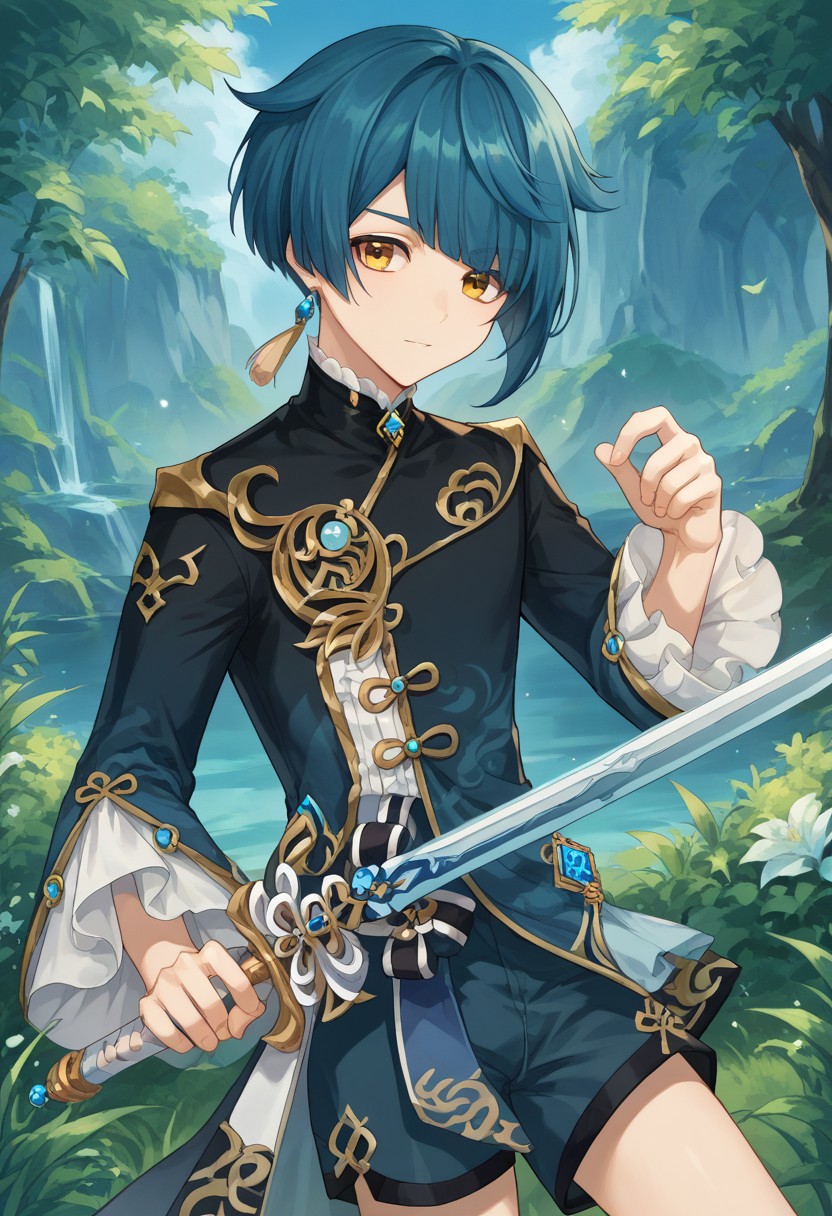 score_9, score_8_up, score_7_up, source_anime, highly detailed, 
Xingqiu, 1boy, male focus, solo, dark blue hair, bangs, short hair, yellow eyes, jewelry, earrings, single earring, tassel earrings, tassel, chinese clothes, coat, blue coat, frills, shirt, frilled shirt collar, frilled sleeves, long sleeves, wide sleeves, shorts, blue shorts, vision (genshin impact), sword, weapon, holding, holding sword, holding weapon,
outdoor, nature,
