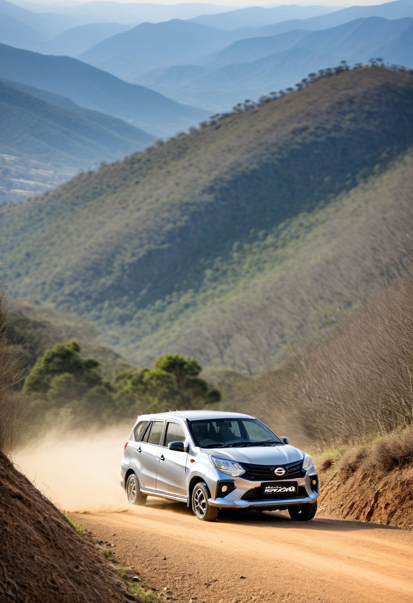 high resolution, best quality, Car, Daihatsu Sigra, Mountain trail, hikers, midday,