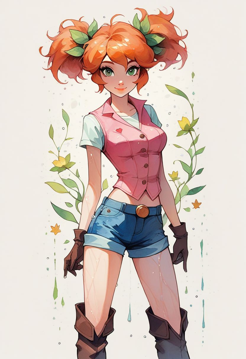 score_9, score_8_up, score_7_up, score_6_up, source_cartoon,Flora, 1girl, female, 21 y.o. female, solo, femenine, wet hair, orange hair, raised short twintails hairstyle,green eyes, pink lips, smile, pink vest, jean shorts, gloves, knee boots, medium breasts, female focus, official style, full-body-shot, perfect anatomy, perfect face, standing, abstract beauty, beautiful, centered, looking at the camera, approaching perfection, dynamic, moonlight, highly detailed, watercolor painting, artstation, concept art, smooth, sharp focus, illustration, portrait