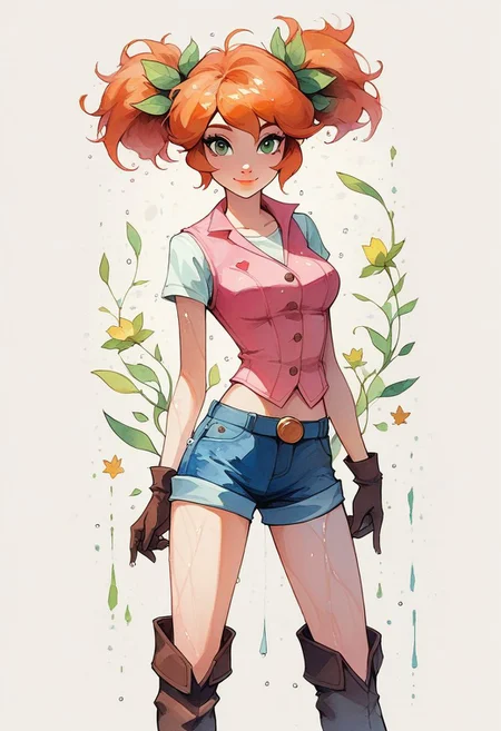 score_9, score_8_up, score_7_up, score_6_up, source_cartoon,Flora, 1girl, female, 21 y.o. female, solo, femenine, wet hair, orange hair, raised short twintails hairstyle,green eyes, pink lips, smile, pink vest, jean shorts, gloves, knee boots, medium breasts, female focus, official style, full-body-shot, perfect anatomy, perfect face, standing, abstract beauty, beautiful, centered, looking at the camera, approaching perfection, dynamic, moonlight, highly detailed, watercolor painting, artstation, concept art, smooth, sharp focus, illustration, portrait
