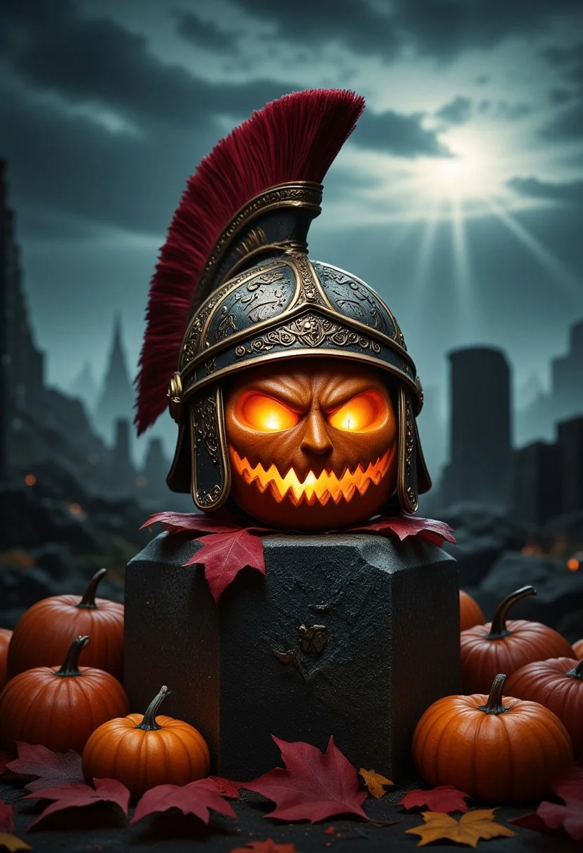 A fierce jack-o-lantern with a menacing grin sits atop a weathered stone pedestal, wearing an ornate Roman centurion helmet with intricate engravings and a crimson plume. The helmet gleams ominously in the flickering candlelight, casting dynamic shadows. Surrounding the pumpkin are fallen autumn leaves in deep reds and golds, enhancing the autumnal atmosphere. The background features a misty battlefield with ancient ruins silhouetted in the fog, creating a dramatic, cinematic scene. High-quality and hyper-detailed