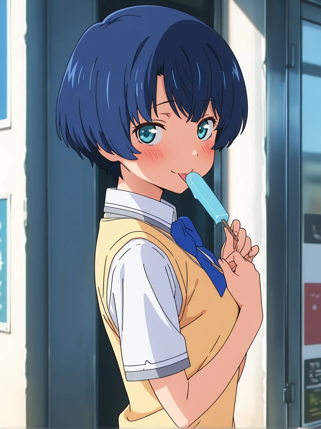 (masterpiece:1.4), (best quality:1.4),,absurdres,anime screenshot
1girl,female focus,solo,,detailed eyes,1girl,
tanigawa_kanna,  
blue hair, short hair, blue eyes,   aqua eyes, looking at viewer, 
school uniform, sweater vest, blue ribbon,
upper body,blush,smile,closed eyes,looking at viewer,
holding ice candy,outdoor,
from side,hands on chest
tongue out,
 <lora:kanna:1>