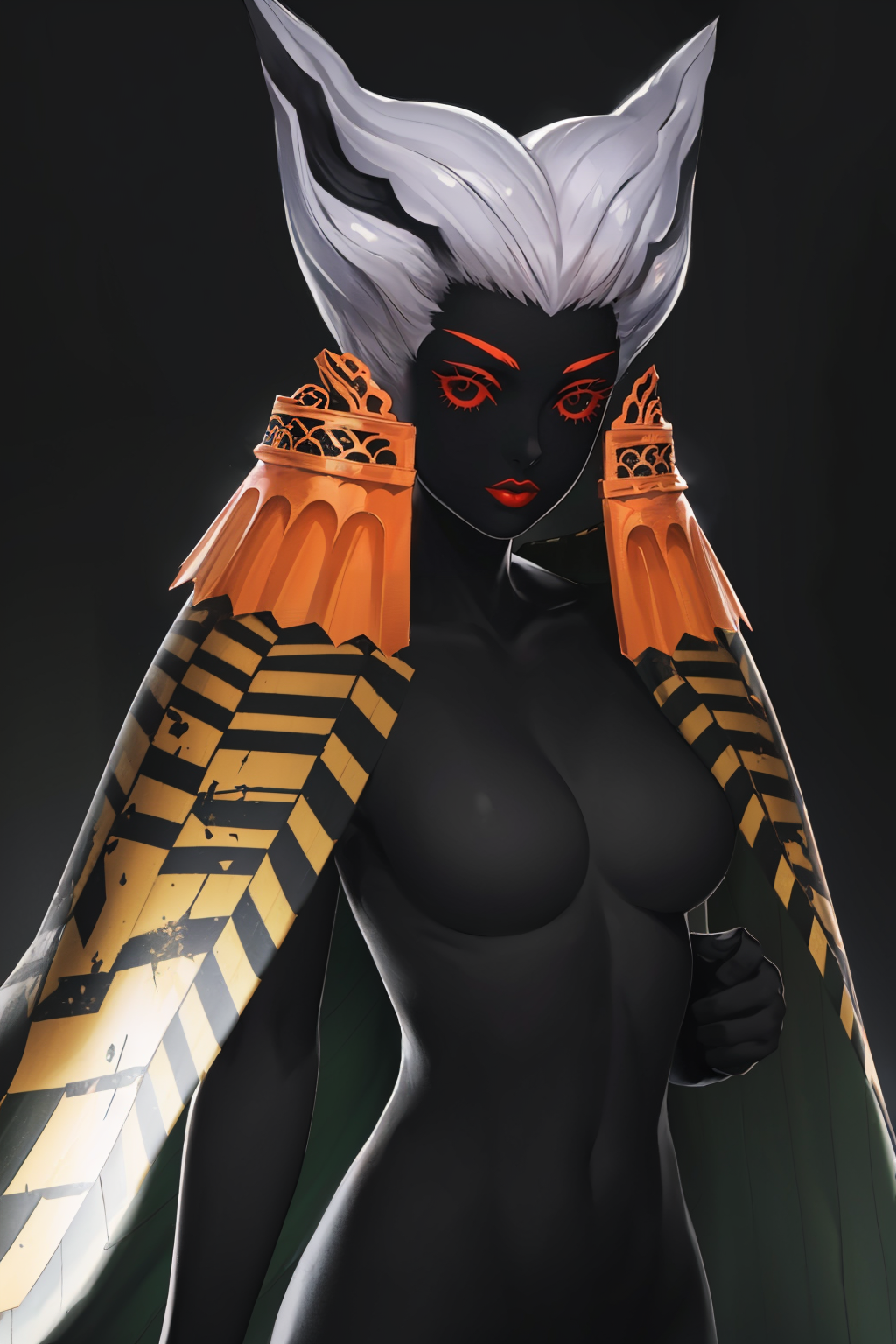 masterpiece, best quality, upper body, cowboy shot, close up, looking at viewer
<lora:zs_Skadi:1> skadismt, black skin, cape, red eyes, lipstick, colored skin, 1girl, solo