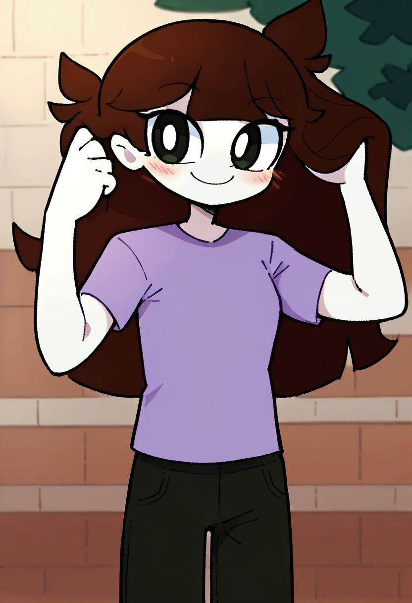 jaiden, 1girl, purple shirt, long hair, solo, brown hair, flat color, short sleeves, white skin, grey pants, black eyes,looking at viewer, scratching head,smile,blush,   outside, score_9, score_8_up, score_7_up, score_6_up, powerpuff
