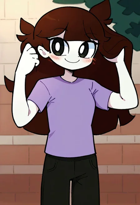 jaiden, 1girl, purple shirt, long hair, solo, brown hair, flat color, short sleeves, white skin, grey pants, black eyes,looking at viewer, scratching head,smile,blush,   outside, score_9, score_8_up, score_7_up, score_6_up, powerpuff