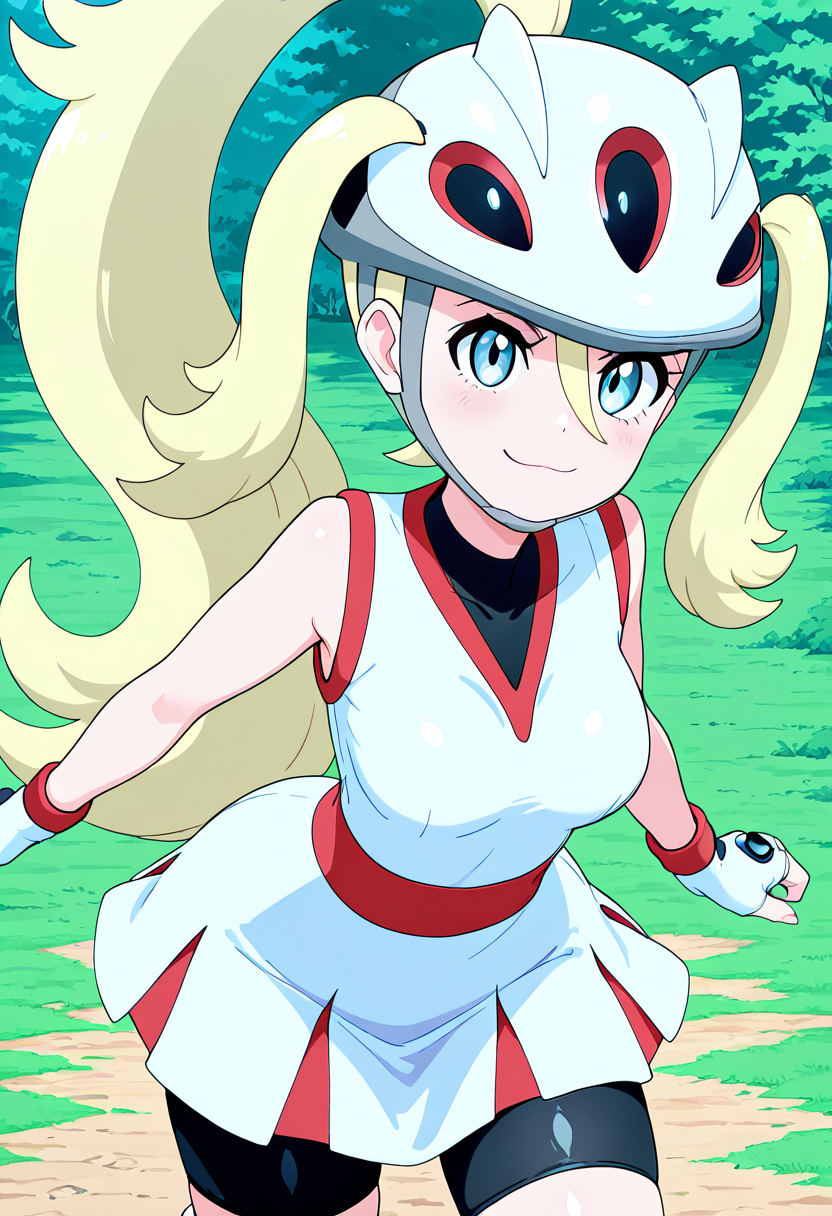 masterpiece, best quality, 1girl, solo, looking at viewer, smile,   zzKorrina, blue eyes, hair between eyes, blonde hair, long hair, ponytail, hair between eyes, two side up, white gloves, fingerless gloves, white dress, bare arms, sleeveless dress, black shorts, short dress, helmet, grass, high ponytail, bike shorts, roller skates, shorts under dress,   <lora:KorrinaPokemon_IXL_v1:1.0>, , smile, looking at viewer, cowboy shot, leaning forward, smug, aged up, <<lora:MantisIXL_v2:0.8>,