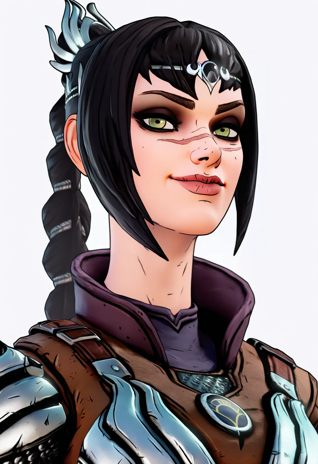 best quality, amazing quality, very aesthetic, absurdres,
1girl, solo, shadowheart, black hair, braided ponytail, green eyes, scar on face, circlet, armor,
smile, looking at viewer, upper body, simple background, white background, <lora:ShadowHeartIllustrious_byKonan:0.8>, <lora:BorderlandsNoobLocon_byKonan:1>