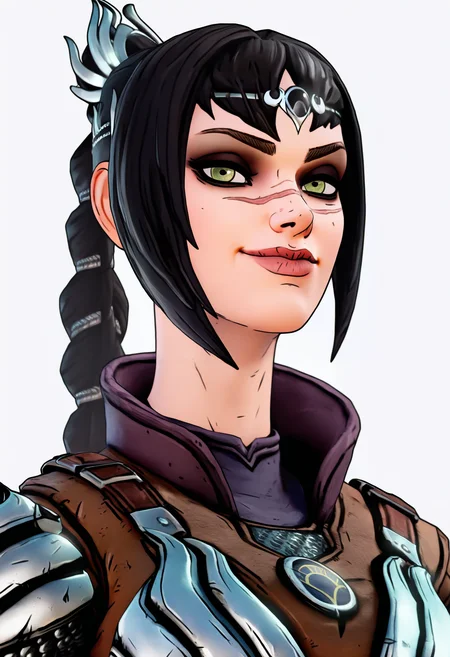 best quality, amazing quality, very aesthetic, absurdres,
1girl, solo, shadowheart, black hair, braided ponytail, green eyes, scar on face, circlet, armor,
smile, looking at viewer, upper body, simple background, white background, <lora:ShadowHeartIllustrious_byKonan:0.8>, <lora:BorderlandsNoobLocon_byKonan:1>