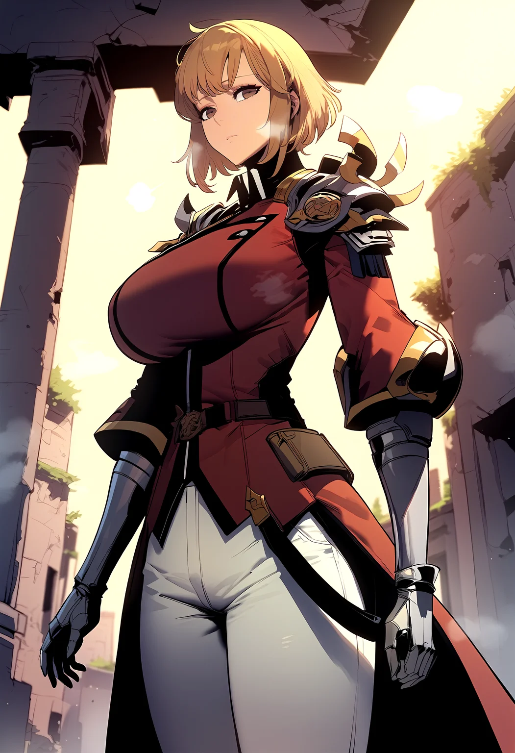 score_9, score_8_up, score_7_up, score_6_up, source_anime, rating_explicit, <lora:neg4all_bdsqlsz_V3.5:2.0>1girl, (solo:1.1), huge breasts, <lora:Cha Hae-in webponyxl:1> bangs, short hair, blonde hair, brown hair, brown eyes, military uniform, red jacket, shoulder armor, belt, gauntlets, white pants, expressionless, Narrow shoulders, heavy breathing, steaming body, ruins, outdoors, looking at viewer, standing
