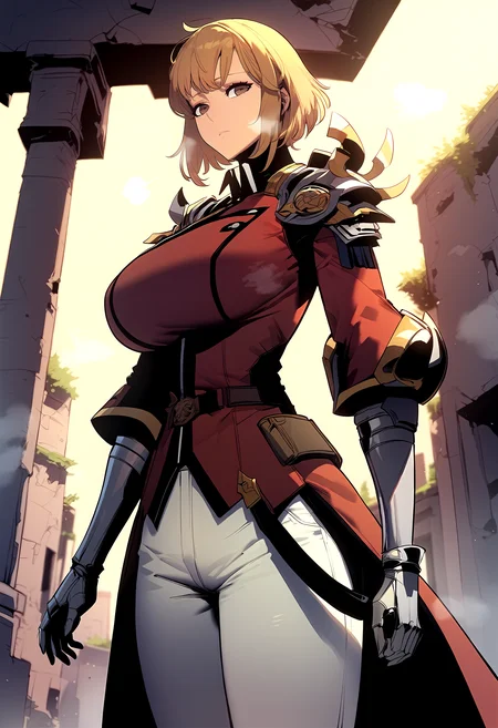 score_9, score_8_up, score_7_up, score_6_up, source_anime, rating_explicit, <lora:neg4all_bdsqlsz_V3.5:2.0>1girl, (solo:1.1), huge breasts, <lora:Cha Hae-in webponyxl:1> bangs, short hair, blonde hair, brown hair, brown eyes, military uniform, red jacket, shoulder armor, belt, gauntlets, white pants, expressionless, Narrow shoulders, heavy breathing, steaming body, ruins, outdoors, looking at viewer, standing