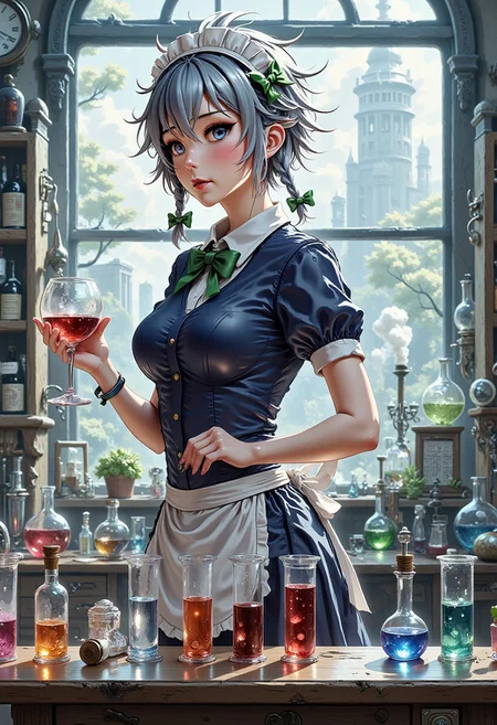 A masterpiece, ultrarealistic, natural colours of morning light, photorealistic scene, intricate interior of a laboratory, rich in detail, chemistry equipment in the background, a clock, (flat chest, lean, small-breasted, tiny tits, bustless, unbuxom, not clingy:2),
flat chested Izayoi Sakuya with concentrated face is holding a wine bottle and pouring wine into a row of steaming test tubes lined on the table, beautiful face with no make-up, petite, slim, slender, short silver hair, twin braids, green bows, green bowtie, practical comfortable blue maid uniform, mid dress, maid headdress, detached collar, white apron, pocket watch, 
<lora:Hand v2:1.1> Detailed hand, Hand, Perfect hand, 
<lora:best_of_flux_v30_rank64_bf16-step01750:1> best_of,