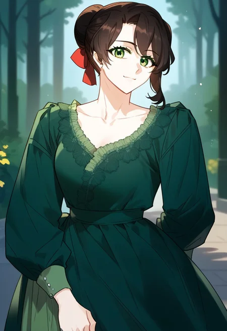 zPDXL3, score_9_up, score_8_up, score_7_up, (Anime_source), 1girl, Mildred, green eyes, green eyebrows, brown hair, long hair, bun hair, cowboy shot, green old dress, looking at viewer, smile, closed mouth