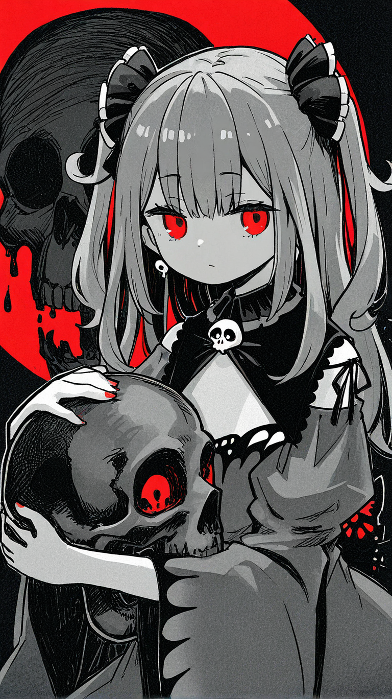 uruha_rushia, 1girl, solo, long_hair, looking_at_viewer, bangs, red_eyes, hair_between_eyes, monochrome, choker, virtual_youtuber, two_side_up, spot_color, skull, sideways