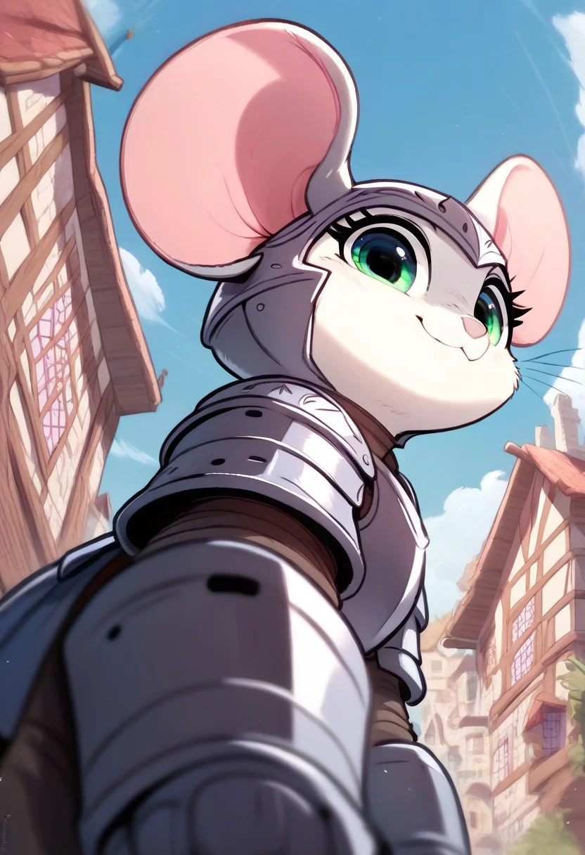 score_9, score_8_up, score_7_up, score_6_up, score_5_up, score_4_up, fluffylewdsai, makkuro m0use_maximilla, cute, [][][][][] (solo),Knight armor, detailed iron armor, (cute:2), full body shot, (close up), (low angle view:1.5), outdoors, serious expression, (side view:1.5), village, look at viewer