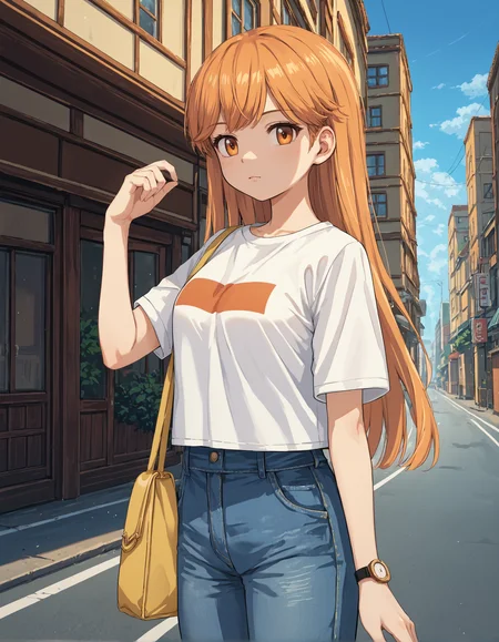 score_9, score_8_up, source_anime, 1girl, upper body, medium shot, detailed, mgrckirarihikaru, orange hair, long hair, orange eyes, white t-shirt, blue denim pants, yellow shoulder bag, wristwatch, hand up, outdoors, street, (side view:0.75), <lora:mgrckirarihikaru_XL:1>