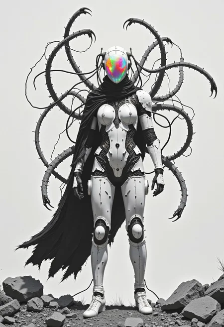 enistyle, A monochrome vintage photograph captures a towering, pristine white sci-fi knightâexcept this is no ordinary warrior. The figure is a lethal cyborg woman encased in an immaculate exoskeleton, its perfect design marred by exposed wires and mechanical sinew visible at her shoulders and arms. A tattered black cloak drapes over her form, its edges flickering like something half-real. From her back, long, dark tendrils emergeâtwisting, writhing like living thingsâmetallic hooks glinting at their ends as they coil around her arms, ready to lash out. Her translucent helmet hums with eerie energy, crackling with faint, jagged lines of motionâlike trapped lightning. The air around her pulses with bleached neon pinks, greens, blues, and searing orange, casting jagged shadows across the fractured landscape. She stands motionlessâwaiting, calculatingâuntil the moment she strikes.