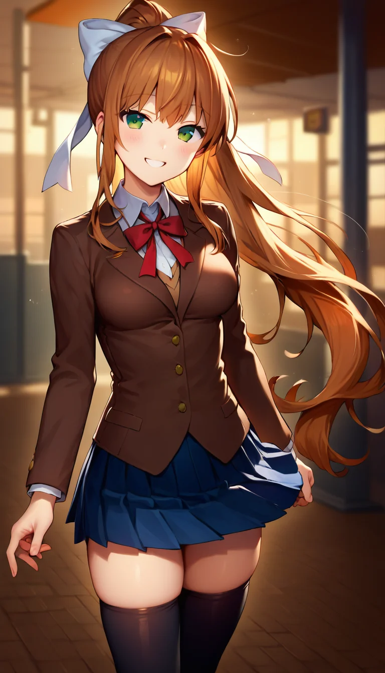 score_9,score_8_up,score_7_up,score_6_up BREAK official art,solo,outdoors,cowboy shot,looking at viewer,facing viewer,smile,blush,Monika,very long hair,brown hair,ponytail,hair bow,white bow,hair ribbon,white ribbon,sidelocks,bangs,green eyes,school uniform,brown jacket,blazer,wing collar,neck ribbon,red ribbon,white shirt,long sleeves,medium breasts,skindentation,blue skirt,pleated skirt,zettai ryouiki,black thighhighs,uwabaki,white footwear,<lora:Monika(ddlc)-Pony:1.8>,