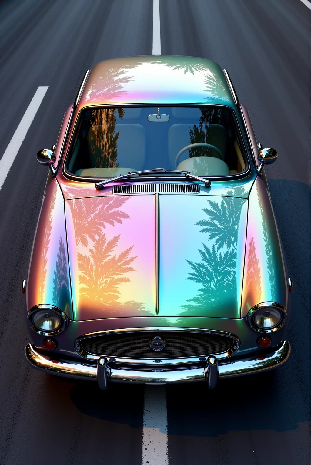 <lora:Hot_rod__style:0.8>
A vintage Nissan Figaro finished in an ethereal high-gloss iridescent wrap that transitions fluidly from bronze to rose pink, lavender, and emerald green across the curvature of the hood, reflecting a soft sky and tree silhouettes with mirror-like depth. The pastel tones ripple subtly across the retro rounded body panels, giving the compact car a dreamy, jewel-like appearance. The Figaro's signature circular headlamps, chrome mesh grille, and petite proportions contrast playfully with the futuristic, color-shifting aesthetic. Positioned on a clean, dark asphalt road with white lane markings, the car exudes charm and individuality, blending nostalgic design with high-concept modern surface treatment. DoubleStream Style Layer: high-gloss iridescent wrap with warm-to-cool tonal gradient, palette of bronze, pink, violet, and mint green, retro Japanese microcar styling fused with contemporary wrap culture, soft natural daylight reflections across curved surfaces, close-up cropped frontal perspective enhancing pastel sheen and smooth form, visual narrative combining vintage cuteness with surreal modern elegance.