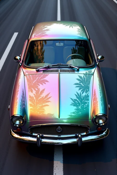 <lora:Hot_rod__style:0.8>
A vintage Nissan Figaro finished in an ethereal high-gloss iridescent wrap that transitions fluidly from bronze to rose pink, lavender, and emerald green across the curvature of the hood, reflecting a soft sky and tree silhouettes with mirror-like depth. The pastel tones ripple subtly across the retro rounded body panels, giving the compact car a dreamy, jewel-like appearance. The Figaro's signature circular headlamps, chrome mesh grille, and petite proportions contrast playfully with the futuristic, color-shifting aesthetic. Positioned on a clean, dark asphalt road with white lane markings, the car exudes charm and individuality, blending nostalgic design with high-concept modern surface treatment. DoubleStream Style Layer: high-gloss iridescent wrap with warm-to-cool tonal gradient, palette of bronze, pink, violet, and mint green, retro Japanese microcar styling fused with contemporary wrap culture, soft natural daylight reflections across curved surfaces, close-up cropped frontal perspective enhancing pastel sheen and smooth form, visual narrative combining vintage cuteness with surreal modern elegance.