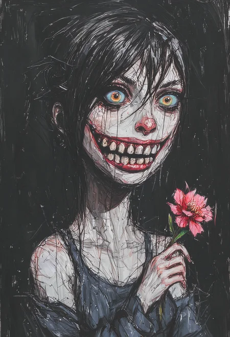 ArsMJStyle, impressionism, vantablack,  chaotic expressive line-art, 
(masterpiece, best quality, high-res, 4k textures, ultra detailed:1.25),  
A hand-drawn sketch of a young, pale-skinned teenager with large, exaggeratedly yellow eyes and wide-sinister grin exposing sharp teeth. Short dark hair hangs over forehead in unruly bangs and (holding scarlet carnation). Wearing in (unhooded) sweatshirt, jeans and boots. 
Empty ((dark background)) emphasizes the character's creepy, cartoonish appearance. 
Style is similar to classic horror illustrations and heavy-textured lines and shading reminiscent of a child's doodle drawing.