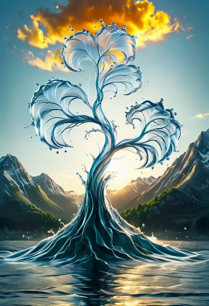 UHD, masterpiece, high quality, extremely details, intricate details, sharp focus, realistic, OverallDetailXL, sss
a tree made of ((water)) ,((ais-wvs)), lake surrounded by mountains,sun sunlight, sunray ,SauronsTower,sunset