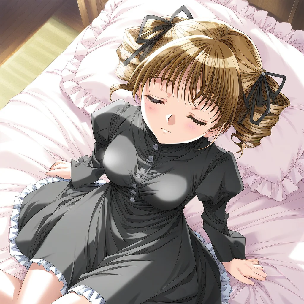 score_9, score_8_up, score_7_up, source_anime, rating_explicit, BREAK <lora:Yukiyanagi_Yuzu_XL:0.8> Yukiyanagi_Yuzu, brown hair, blonde hair, small breasts,
1girl, solo, closed eyes, frills, frilled pillow, black dress, button, bed, sitting, pillow, long sleeves, from above, clothes lift,