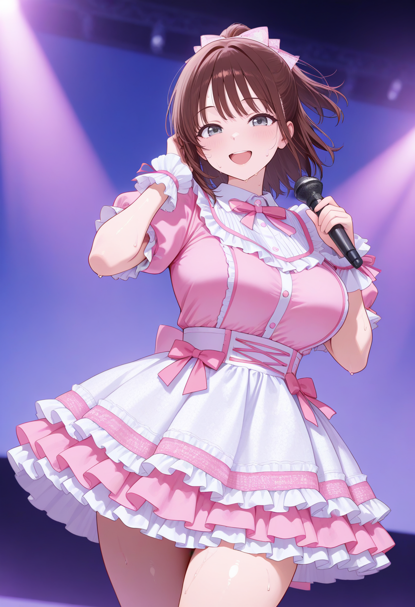 masterpiece,best quality,amazing quality, very aesthetic, ((outlined outlined vector graphics)), cute face, (glow eyes:0.5) ,  looking at viewer, cowboy shot,
1girl,20yo, brown hair, gray eyes, (large breast:1.1), (ponytail:1.1), medium hair,(curvy:1.1),bangs,
pink  clothes, (focus female), happy ,walking , (clothed:1.1),
idol, idol outfit, japanese-idol-outfit, clothed, frilled dress,, idol stage,microphone , open eyes , sweat,
,  <lora:idol-outfit-il-20:1.0>