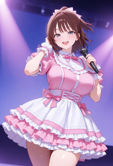 masterpiece,best quality,amazing quality, very aesthetic, ((outlined outlined vector graphics)), cute face, (glow eyes:0.5) , looking at viewer, cowboy shot,
1girl,20yo, brown hair, gray eyes, (large breast:1.1), (ponytail:1.1), medium hair,(curvy:1.1),bangs,
pink clothes, (focus female), happy ,walking , (clothed:1.1),
idol, idol outfit, japanese-idol-outfit, clothed, frilled dress,, idol stage,microphone , open eyes , sweat,
, <lora:idol-outfit-il-20:1.0>