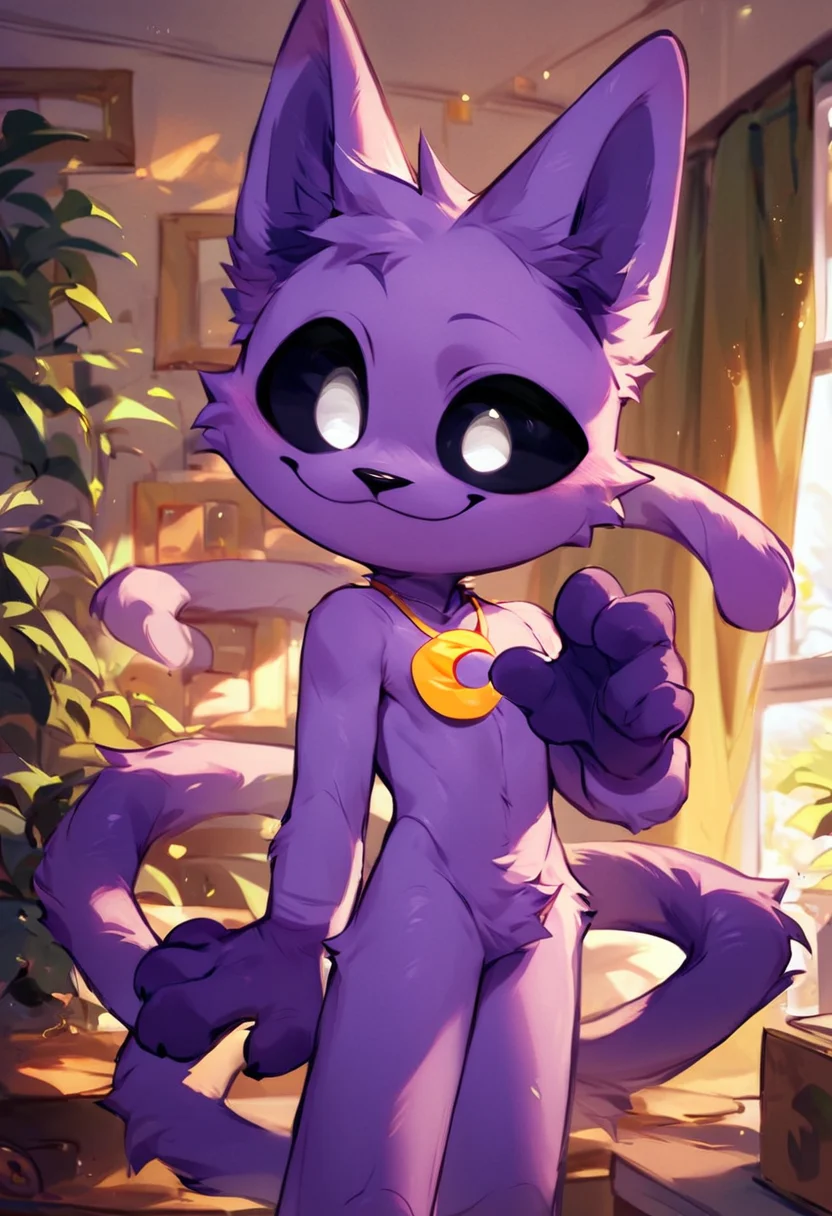 score_9, score_8_up, score_7_up, high quality, hires, catnap, poppy_playtime, furry, male, solo, black sclera, white eyes, long tail, cute, chibi, yellow crescent-shaped necklace, smile, looking at viewer, room, <lora:Cat_Nap_Poppy_Playtime:1>