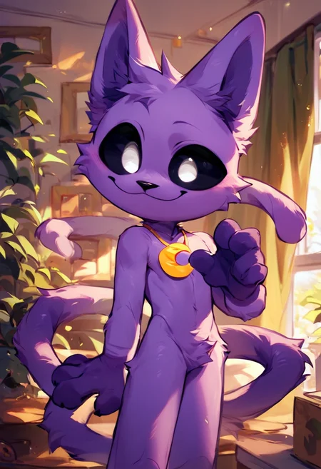 score_9, score_8_up, score_7_up, high quality, hires, catnap, poppy_playtime, furry, male, solo, black sclera, white eyes, long tail, cute, chibi, yellow crescent-shaped necklace, smile, looking at viewer, room, <lora:Cat_Nap_Poppy_Playtime:1>