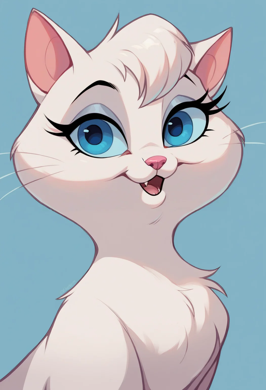 source_cartoon, source_western, source_furry, score_9, score_8_up, score_8, 1girl, <lora:Mewsette:0.65> feral, blue eyes, pink nose, eyelashes, eyeshadow, solo, cat, white fur, no humans, looking at viewer, happy, face, close up,
light blue background, simple background,