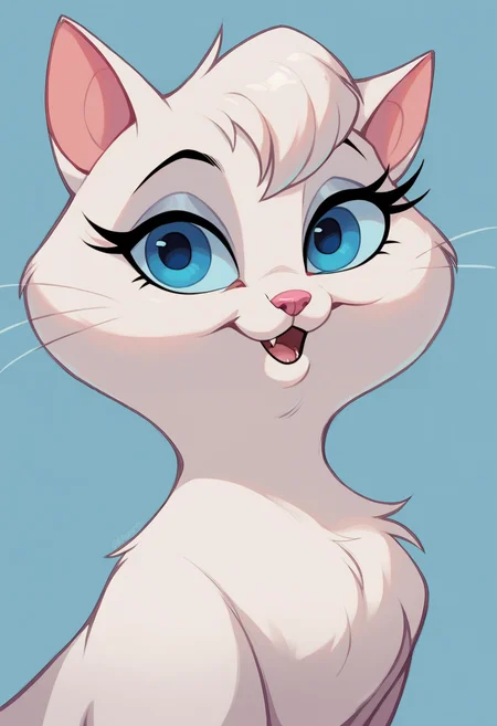 source_cartoon, source_western, source_furry, score_9, score_8_up, score_8, 1girl, <lora:Mewsette:0.65> feral, blue eyes, pink nose, eyelashes, eyeshadow, solo, cat, white fur, no humans, looking at viewer, happy, face, close up,
light blue background, simple background,
