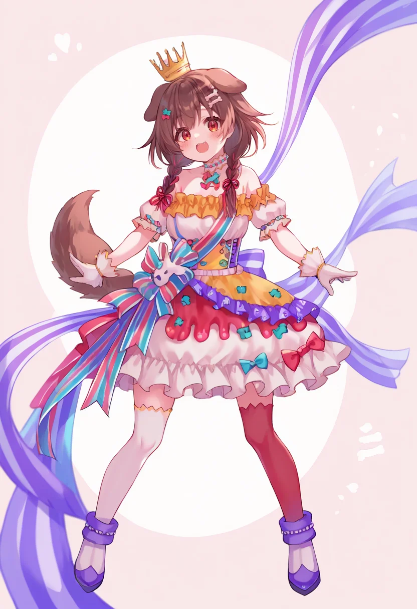 score_9, score_6_up, source_anime, 1girl, solo, full body, korone_idol, frilled dress, detached sleeves, ribbon, mini crown, white gloves, red thighhighs, white thighhighs, asymmetrical thighhighs, bone hair ornament, low twin braids, dog tail, :\3, open mouth <lora:koroneXL:1>