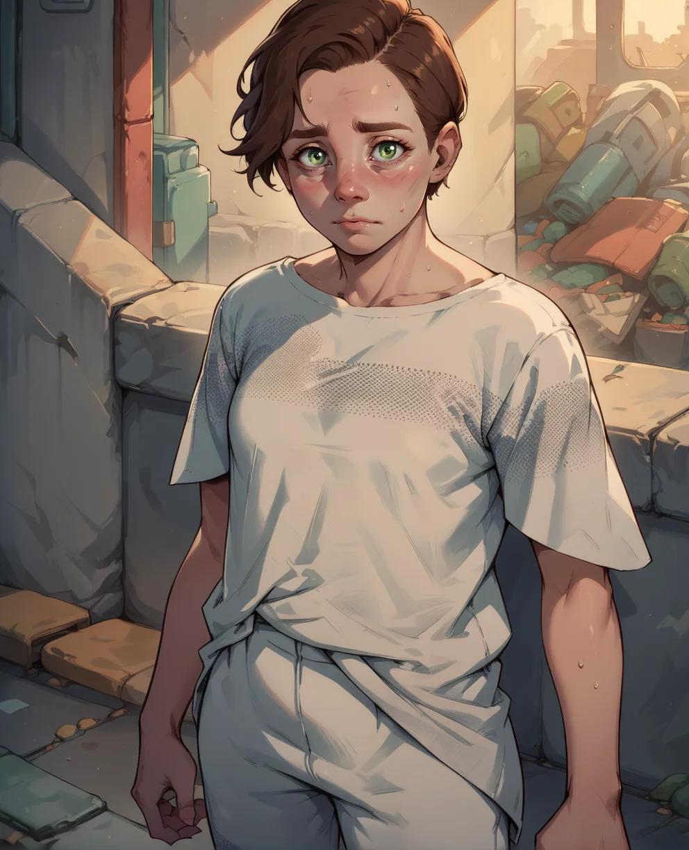 score_9,score_8_up,score_7_up,
beta,green eyes,brown hair,short hair,
white shirt,standing,nervous,looking at viewer,pants,
underground bunker,
<lora:beta:1>,