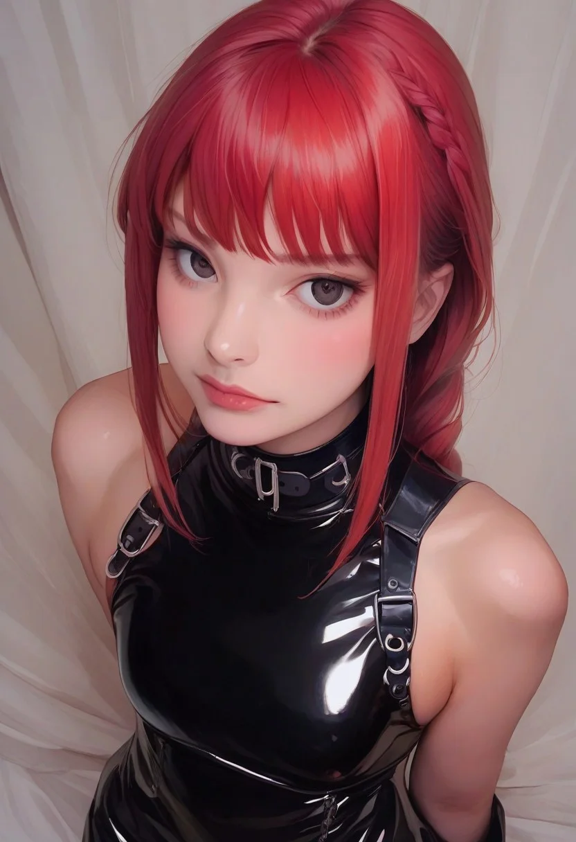 score_9, score_8_up, score_7_up, score_6_up,1girl, face ((upper body, view from above,)) makima, red hair, side bangs, curtain side bangs, braid hair, solo, black latex dress, leather dress, black dress, straps, latex black collar, sleeveless, black latex collar, black latex boots, long boots, female bag, photorealistic style, zettai ryouki, black eyes, better face,