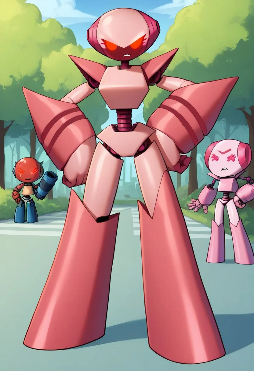 score_9, score_8_up, score_7_up, score_6_up, score_5_up, score_4_up, BREAK 2d, RobotGirlSuperActivated, light pink skin, metal skin, solo, solo focus, female focus, 1girl, robot, robot girl, standing, full body, outdoors, park, red eyes, looking at viewer, hand on hip, (arm cannon), glowing eyes, mad, angry, night
