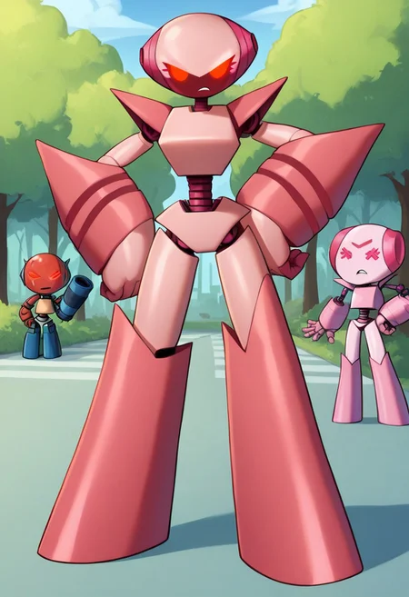 score_9, score_8_up, score_7_up, score_6_up, score_5_up, score_4_up, BREAK 2d, RobotGirlSuperActivated, light pink skin, metal skin, solo, solo focus, female focus, 1girl, robot, robot girl, standing, full body, outdoors, park, red eyes, looking at viewer, hand on hip, (arm cannon), glowing eyes, mad, angry, night