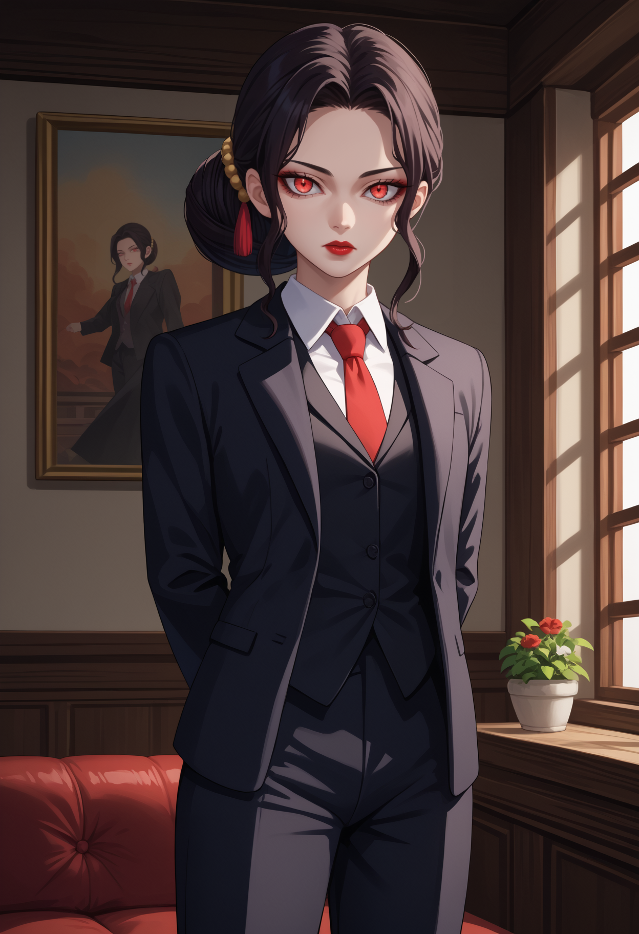 score_9, score_8_up, score_7_up, source_anime, <break> solo, 1girl, femkibutsuji, makeup, lipstick, red lips, expressionless, looking at you, arms behind back, long hair, black hair, single hair bun, hair ornament, red eyes, formal, black suit, black jacket, suit jacket, open jacket, long sleeves, vest, collared shirt, red necktie, black pants, indoors
<segment:yolo-face_yolov8m.pt,0.4,0.5//cid=1>