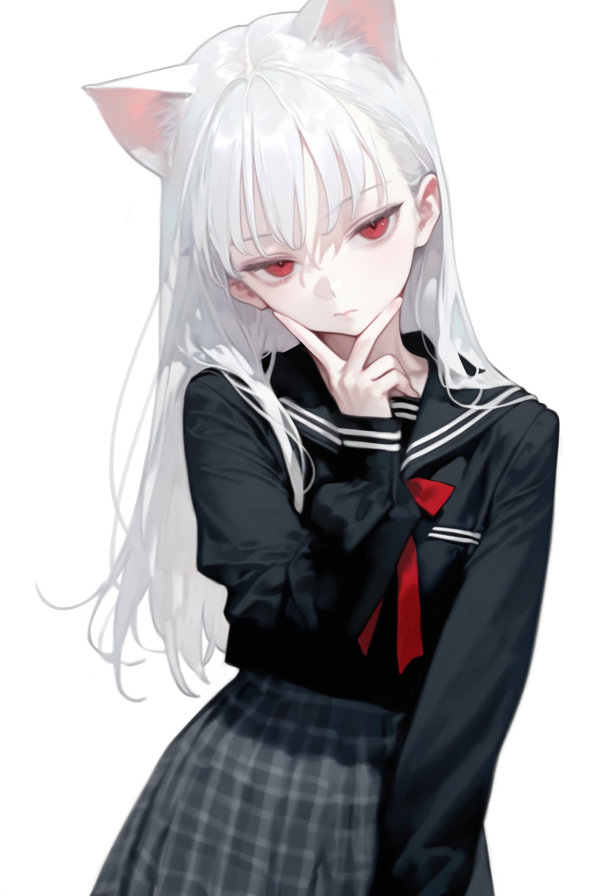 deadpurity,
1girl, animal ears, arm up, black dress, black shirt, cat ears, closed mouth, dress, head tilt, long hair, long sleeves, looking at viewer, plaid clothes, plaid skirt, red eyes, sailor collar, serafuku, shirt, skirt, solo, v, white background, white hair, dynamic pose, disdain,
, masterpiece, best quality, good quality, 
<lora:ai_styles_collection_noob_eps-1.1-v5:1>