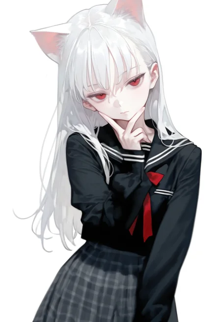 deadpurity,
1girl, animal ears, arm up, black dress, black shirt, cat ears, closed mouth, dress, head tilt, long hair, long sleeves, looking at viewer, plaid clothes, plaid skirt, red eyes, sailor collar, serafuku, shirt, skirt, solo, v, white background, white hair, dynamic pose, disdain,
, masterpiece, best quality, good quality,
<lora:ai_styles_collection_noob_eps-1.1-v5:1>