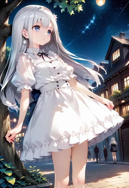 score_9, score_8_up, score_7_up, source_anime, solo, 1girl, MdoHP, The background is a city, perfect white-haired girl, dress, white-haired, white-haired god, cute anime waifu in beautiful clothes, gray-haired, best anime 4k konachan wallpaper, little curve, guvez on Pixiv ArtStation, white-haired girl, nightcore, standing on a tree, looking up at the stars, face super detailed