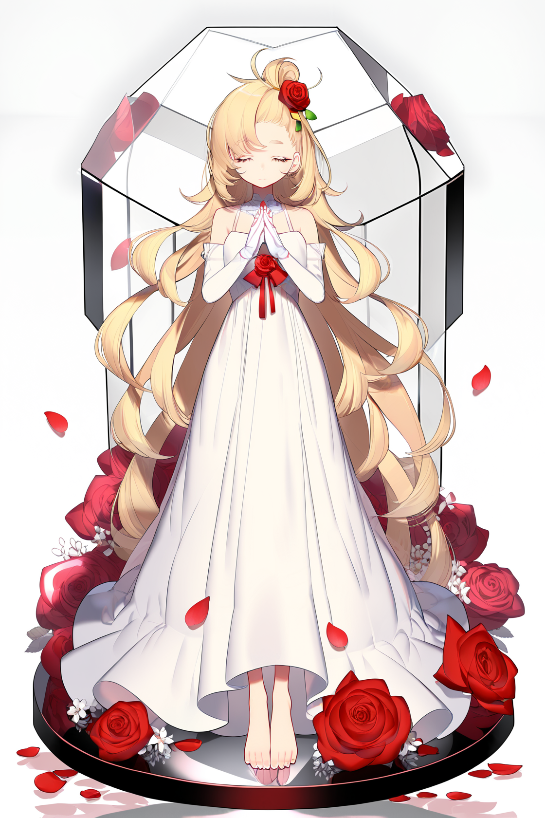8k, best quality, masterpiece, (ultra-detailed), (high detailed skin), (by nanoless, by misumi \(macaroni\):0.25), 
1girl, long hair, dress, flower, blonde hair, white dress, closed eyes, solo, red flower, rose, very long hair, petals, red rose, own hands together, closed mouth, full body, barefoot, hair ornament, long dress, ribbon, A detailed digital illustration of a woman with long blonde hair, wearing a white dress, is seen in a hexagon-shaped glass cube. The illustration is surrounded by a mix of black, white, pink, blue, and red colors. The cube is placed on a reflective surface. The background is a dark brown, and there is a light reflecting off of the cube.
<lora:paixi-atw2-Tanger-000008:0.7>, paipai, def-clothes of paipai, bangs pinned back, 1girl, green eyes, blonde hair, gloves, black shorts, hair ornament, yellow gloves,