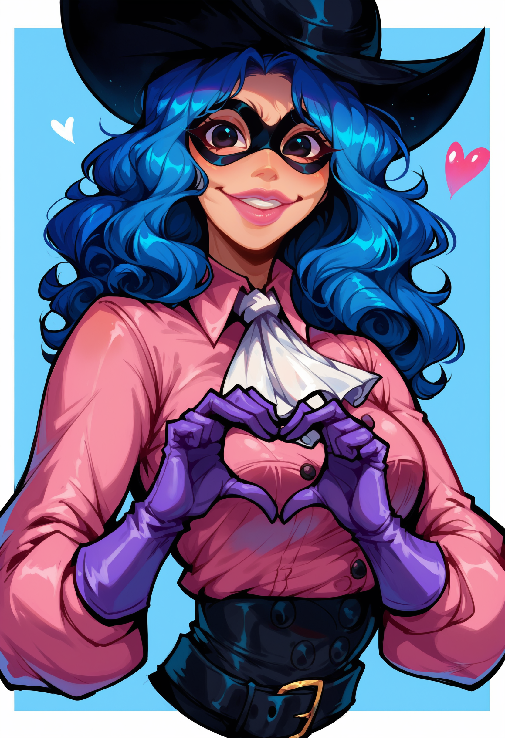 score_9, score_8_up, score_7_up,
1girl, belt buckle, black belt, black eyes, black hat, black mask, blue background, blue hair, border, buttons, collared shirt, domino mask, gloves, grin, hat feather, heart, heart hands, lips, long hair, long sleeves, looking at viewer, masked, medium breasts, outside border, parted lips, pink lips, pink shirt, purple gloves, shirt, simple background, smile, solo, underbust, wavy hair, white ascot, white border
 <lora:Radiant_Rhapsody:0.75> <lora:DetailedEyes_V3:1>